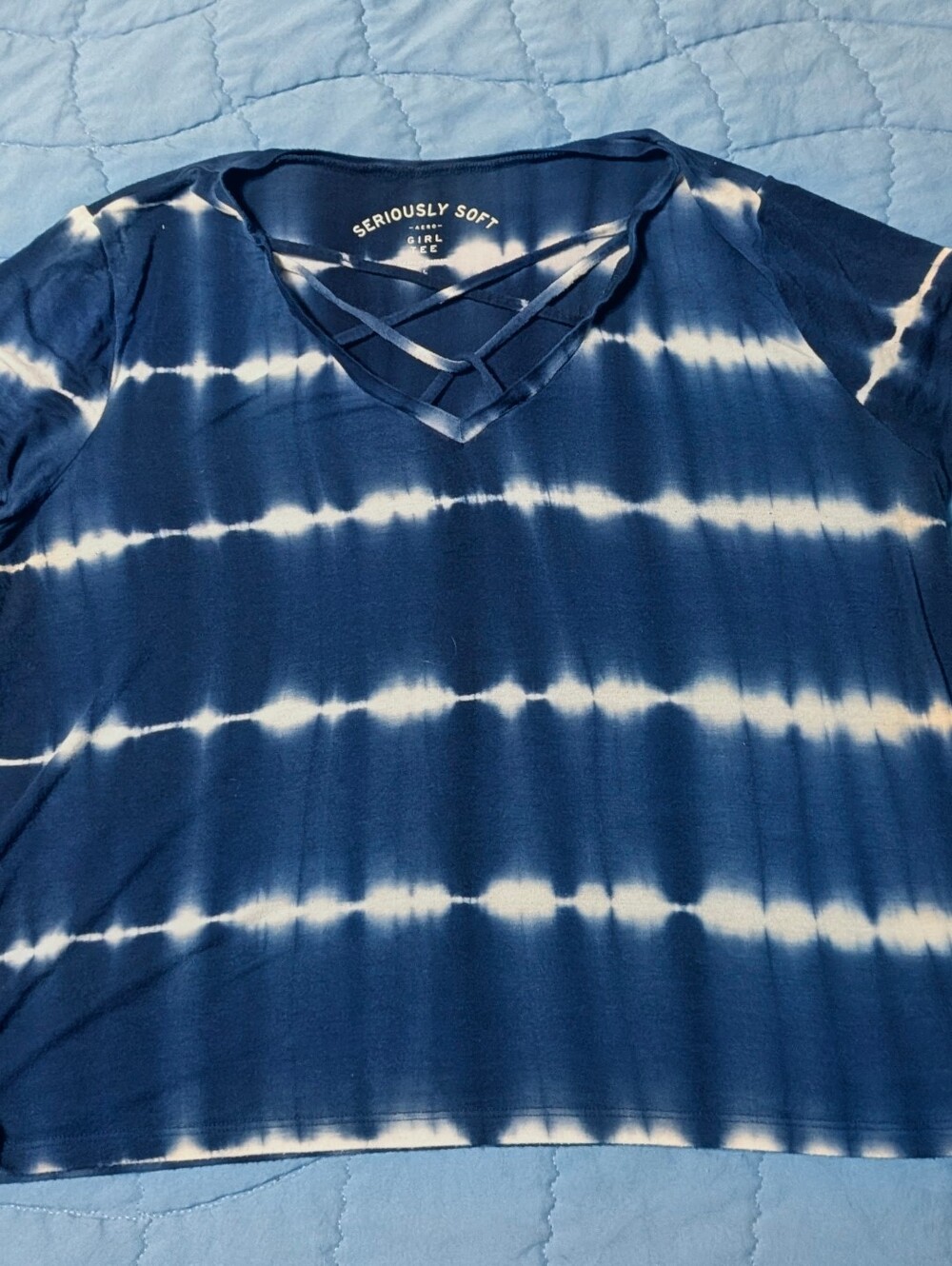 Navy and White Criss Cross V Neck Short T Shirt